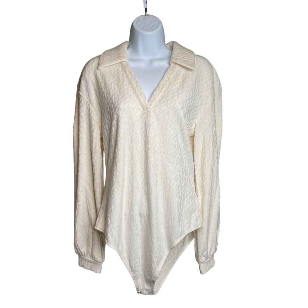 Onia Women's Cream Textured Collared Bodysuit Size L Minimalist Layering Basics